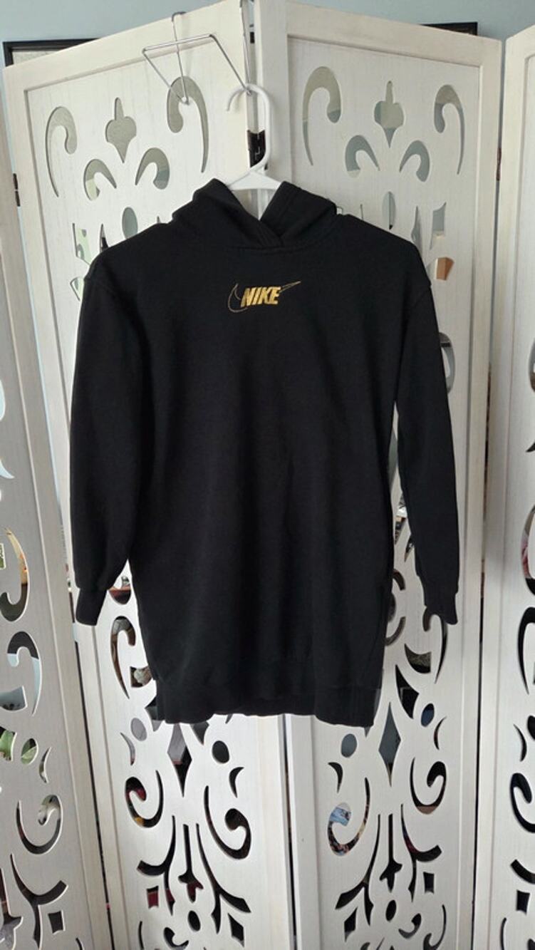 Nike Hoodie Womens S Black Gold Embroidered Swoosh Fleece Pullover Sweatshirt